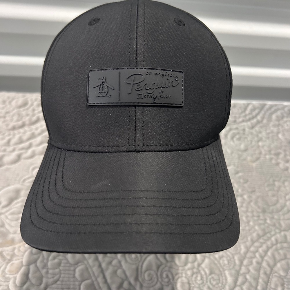 Original Penguin Mens Black Snapback Baseball Cap Rubber Logo Patch Hat OSFM